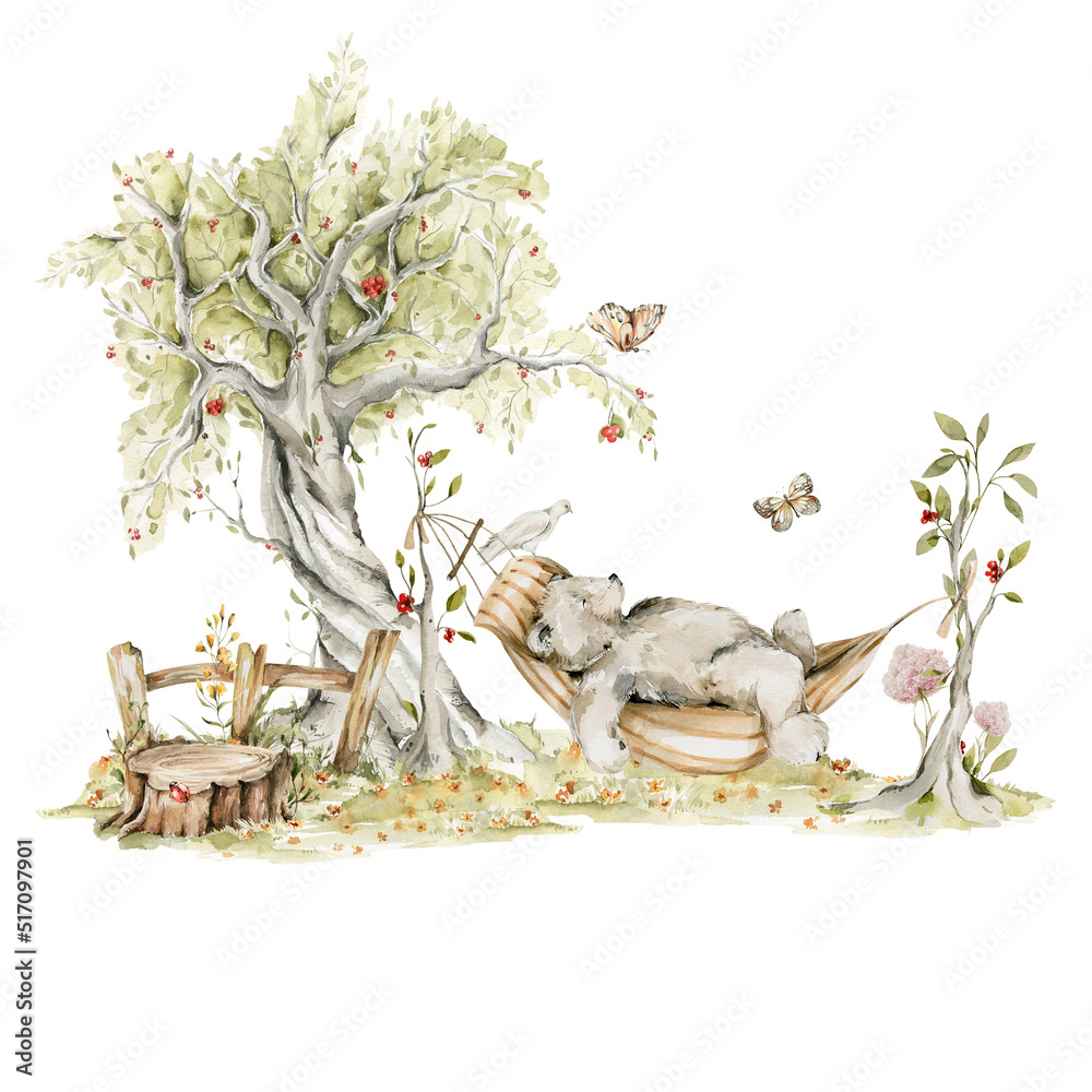 Fototapeta Watercolor nursery woodland composition with character. Hand painted cute baby animals in wild, forest summer landscape, tree, bear. Iillustration for baby shower design, kids print, wall art
