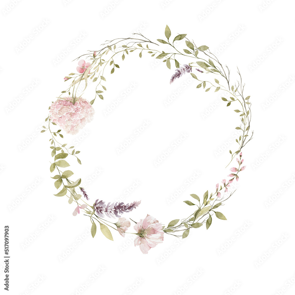 Watercolor floral wreath. Hand painted frame of greenery, wildflowers ...