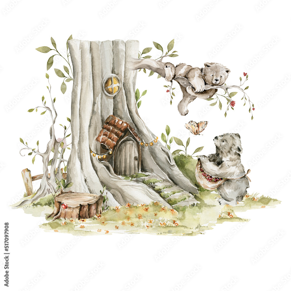 Watercolor nursery woodland composition with character. Hand painted