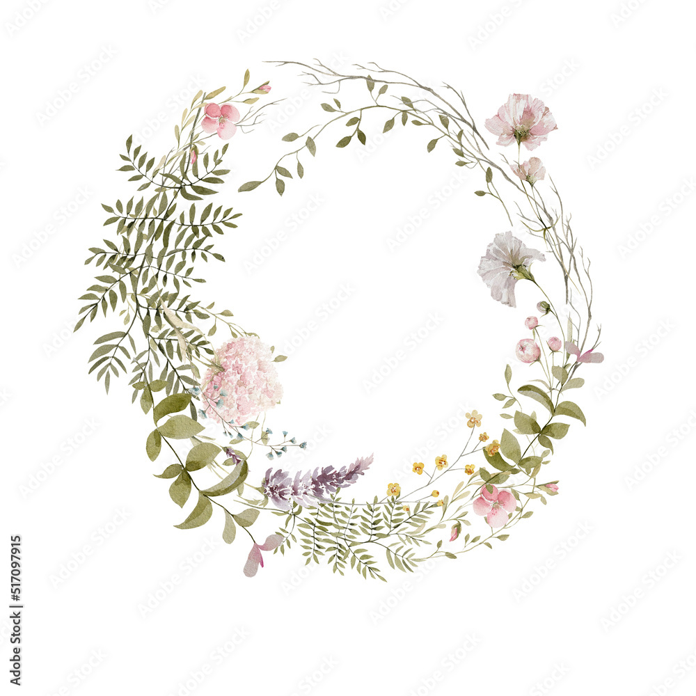 Watercolor floral wreath. Hand painted frame of greenery, wildflowers, herbs. Green leaves, field flowers isolated on white background. Botanical illustration for design, print or background