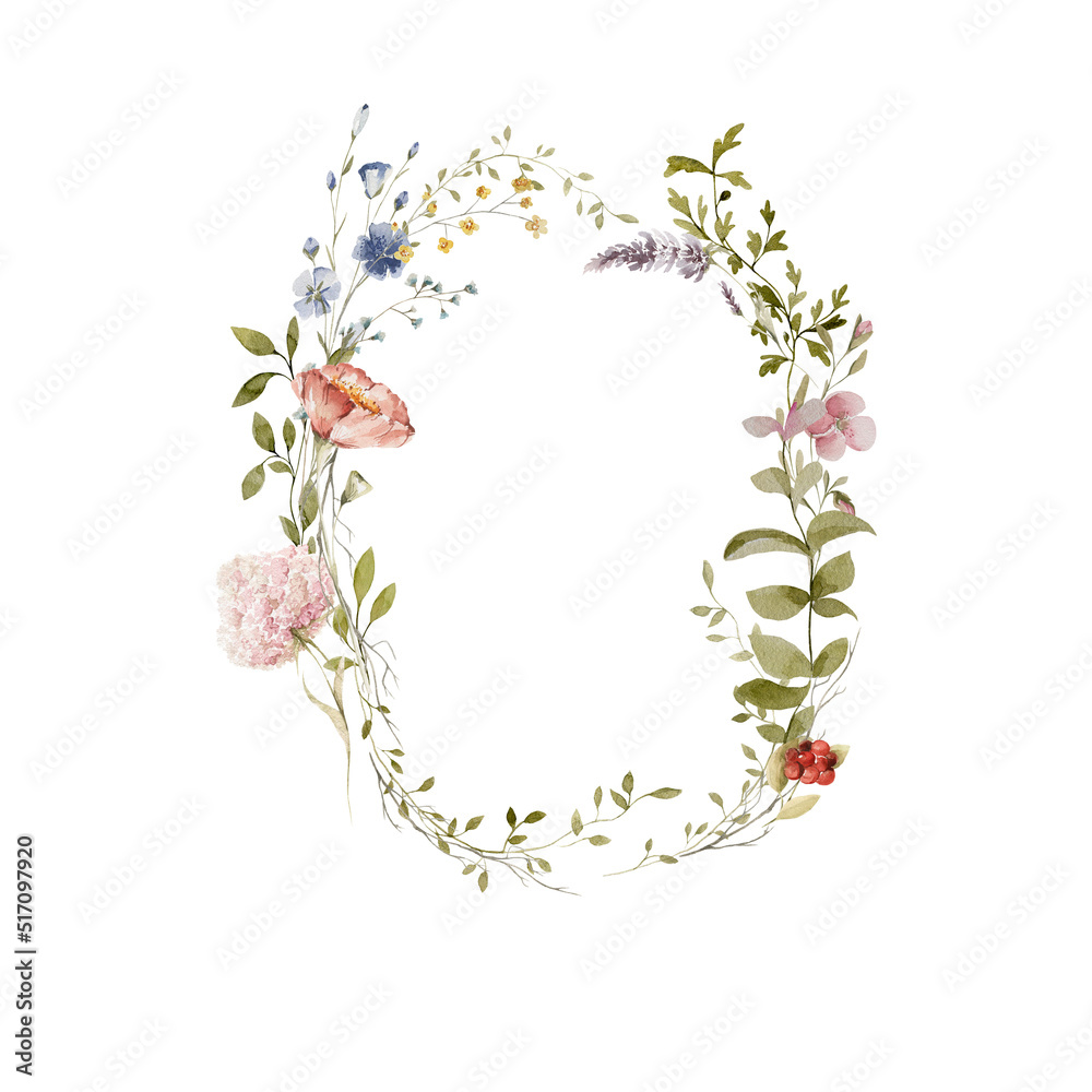 Watercolor floral wreath. Hand painted frame of greenery, wildflowers, herbs. Green leaves, field flowers isolated on white background. Botanical illustration for design, print or background - obrazy, fototapety, plakaty 