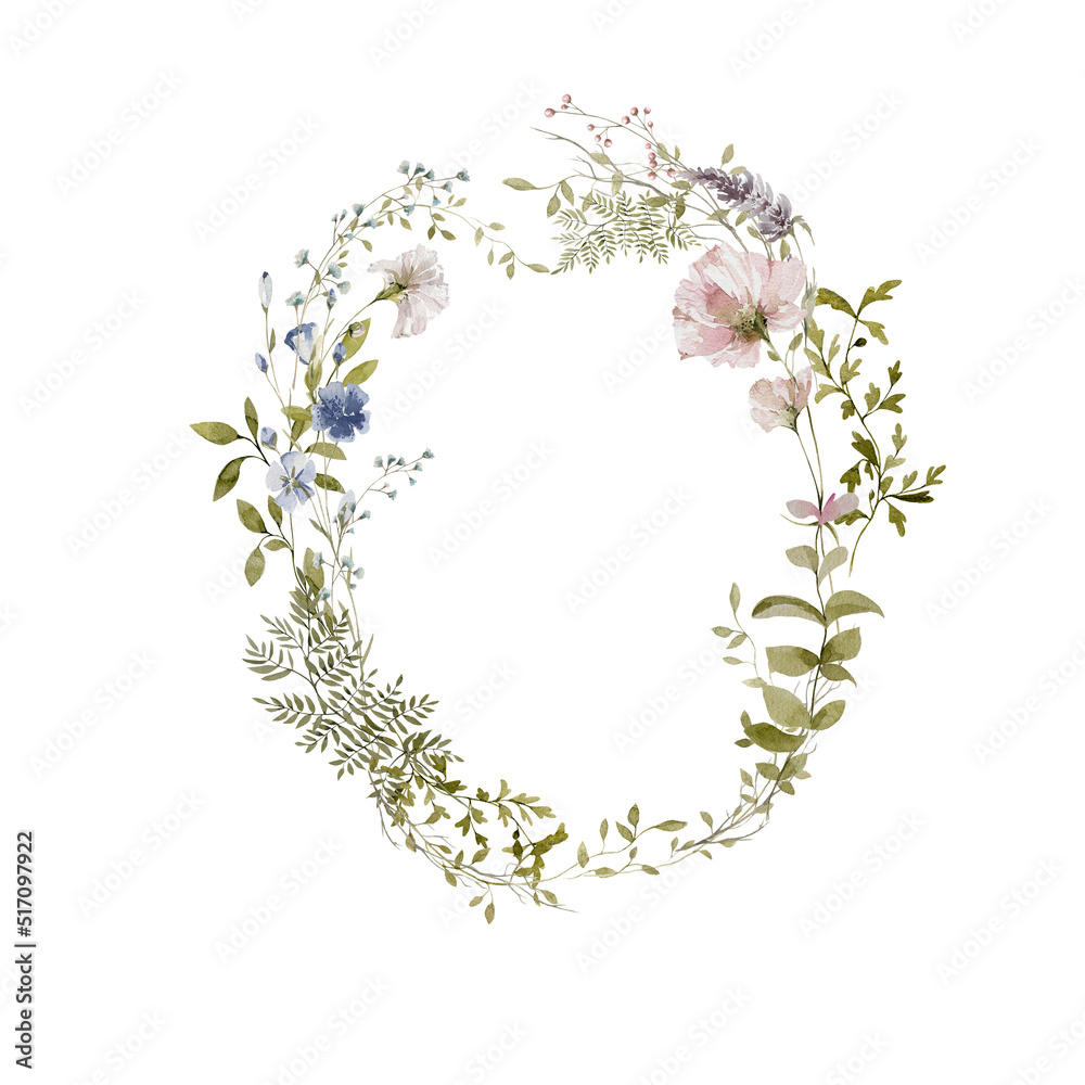 Watercolor floral wreath. Hand painted frame of greenery, wildflowers ...