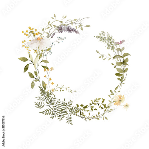 Watercolor floral wreath. Hand painted frame of greenery, wildflowers, herbs. Green leaves, field flowers isolated on white background. Botanical illustration for design, print or background © 60seconds