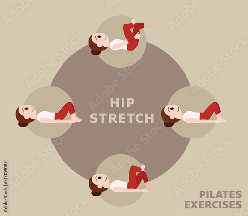 Pilates Moves Exercises Hip Stretch Cute Cartoon Vector Illustration