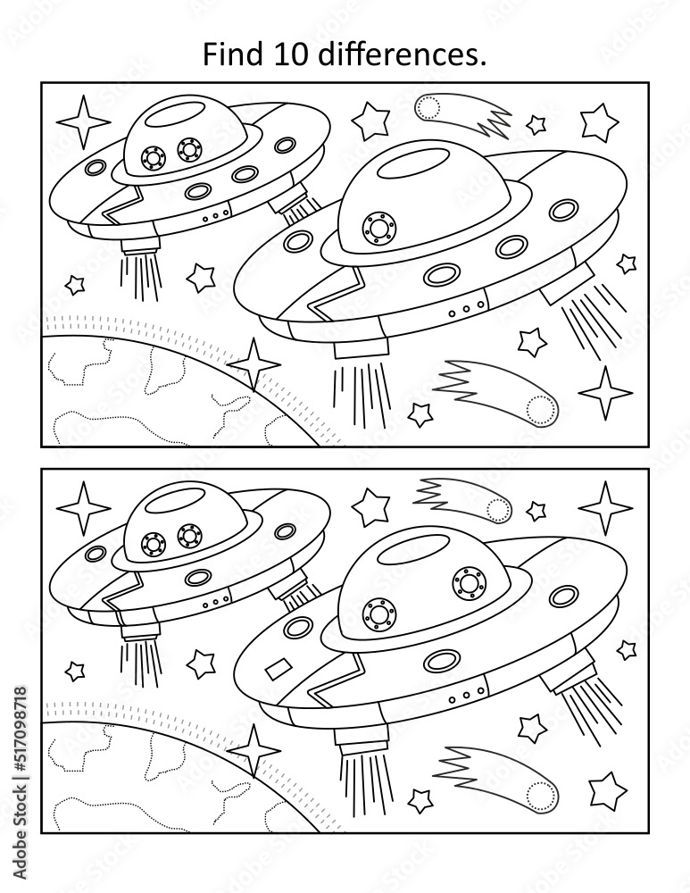 UFO ships in Earth orbit. Find 10 differences picture puzzle and coloring page. Black and white.
