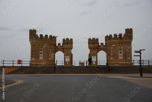 Withernsea seafront showing the twin towers