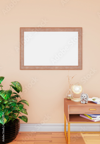 Frame mockup minimal interior style poster Mock up the living room wall in the living room. copy space. 3D rendering. © TogsDesign