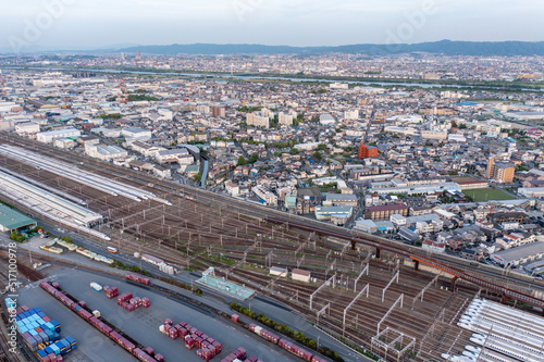 Photography Japanese Logistics Center with Cargo and High Speed Rail, Aerial View