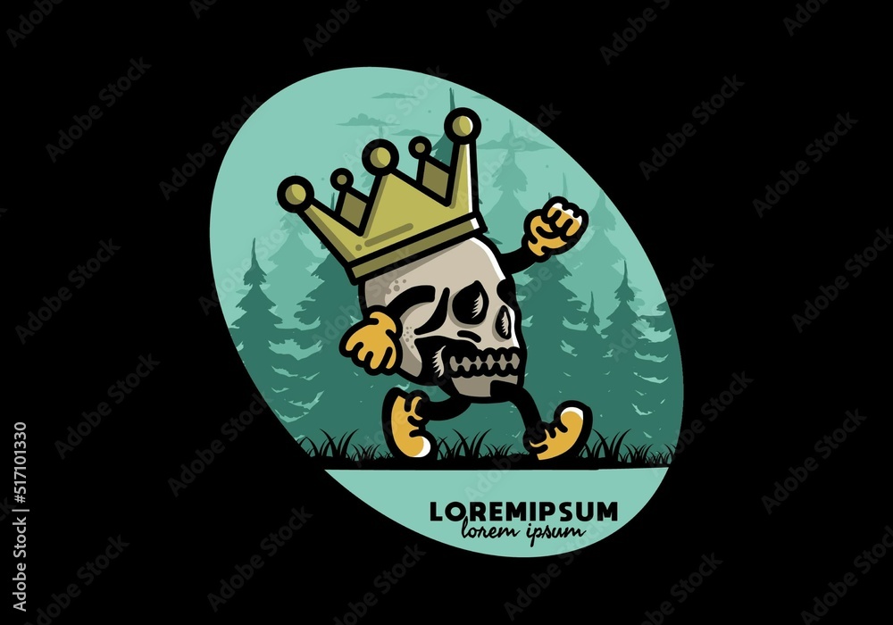 Walking skull illustration wearing a big crown