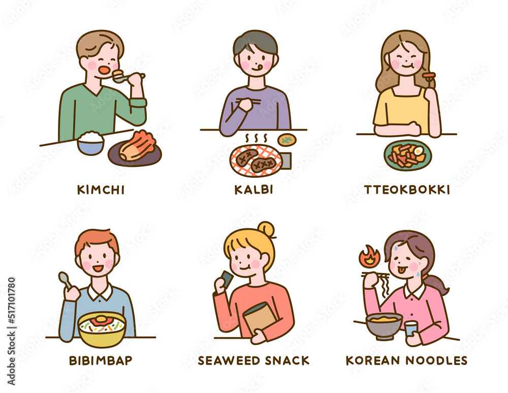 Korean Food Menus Cute Characters Are Eating Delicious Food Flat korean-food-menus-cute-characters-are-eating-delicious-food-flat