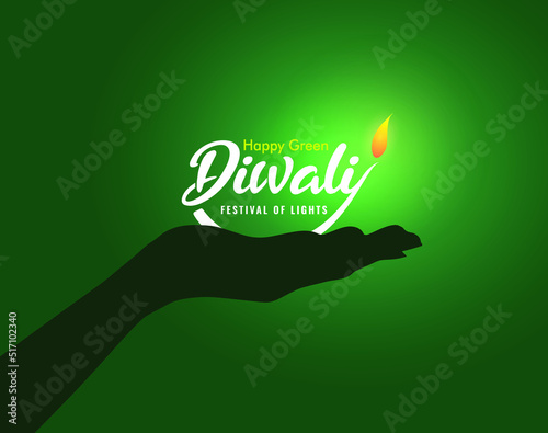 Happy Diwali Festival- Green Diya lamps lit down during diwali celebration green leaf eco concept vector illustration.
