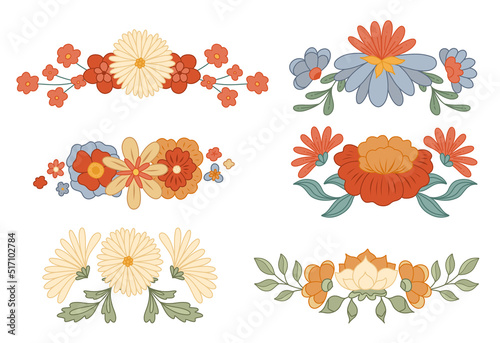 Vector set of retro text delimiters with groovy flowers isolated from background. Collection of hippie divider with various flowers and leaves.