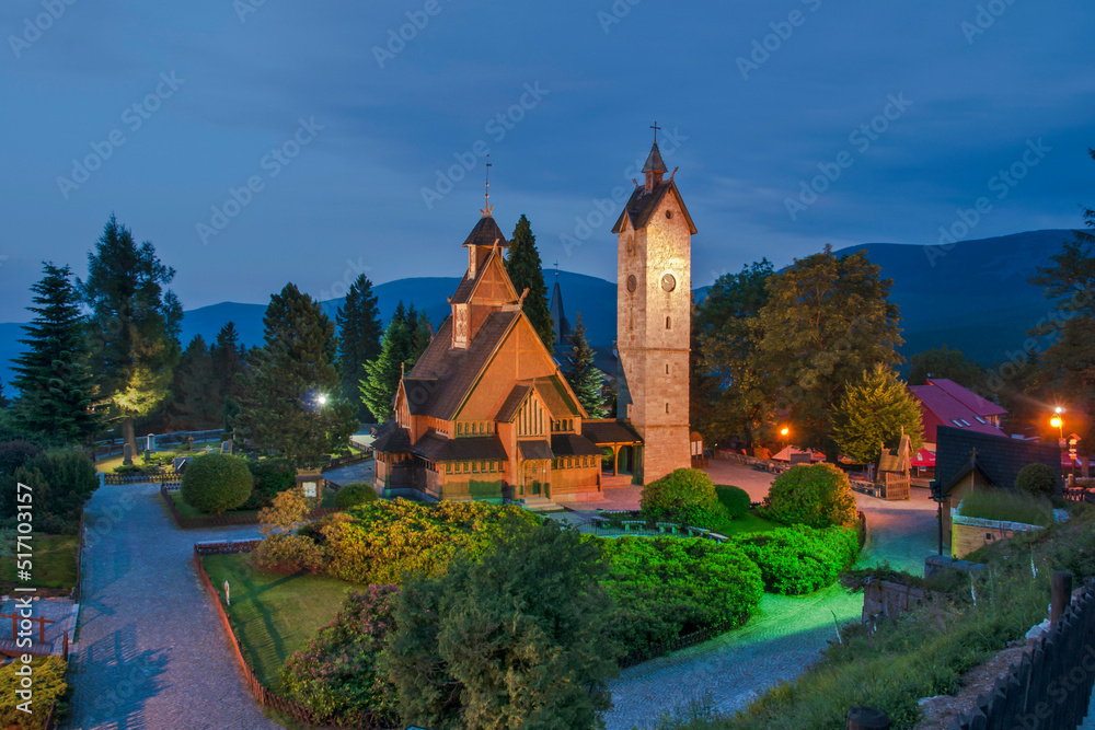 Vang stave church at night, Karpacz, Lower Silesian Voivodeship, Poland.