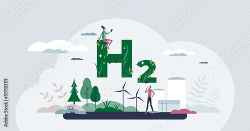 Hydrogen or H2 energy as green and sustainable power tiny person concept. Ecological and renewable fuel source from alternative solar or wind resources vector illustration. Zero emission technology.