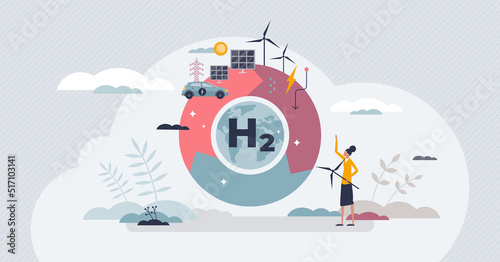 Hydrogen energy solution or H2 electricity as renewable power tiny person concept. Reuse ecological and nature friendly sources vector illustration. Alternative solar or wind gas source reuse cycle.