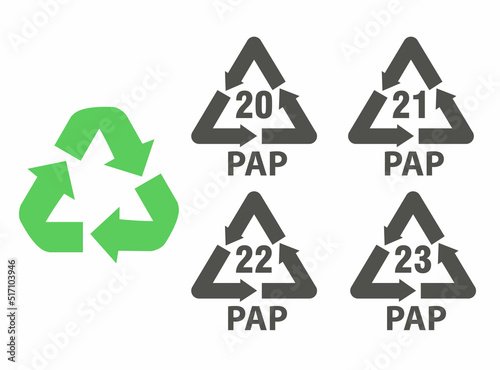 Paper recycling codes. Identification and packaging signs and symbols. Waste sorting icons. Vector illustration