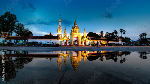 Scenery twilight in the evening at Wat Phra That Phanom Temple, Nakhon Phanom Province, Thailand.