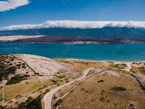 Drone flight over the beautiful island of Pag in Croatia, simuni, novalja, zrece beach