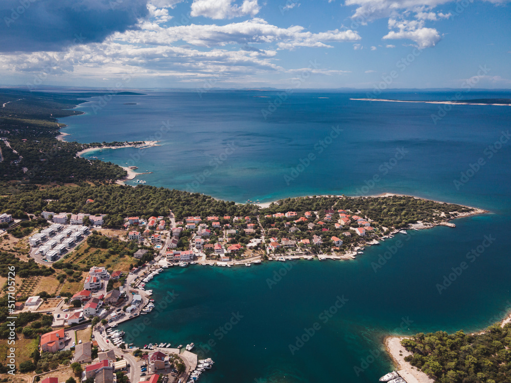Drone flight over the beautiful island of Pag in Croatia, simuni, novalja, zrece beach