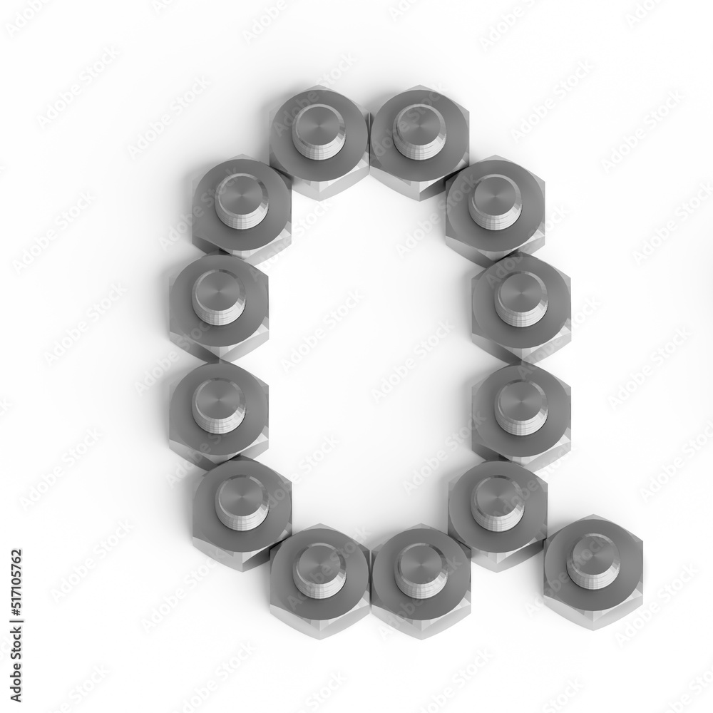 Capital letter Q from iron bolts and nuts. Industrial or engineering font or symbol. 3d illustration. White background. Lettering design element. Initial cap Capital letter Q from iron bolts and nuts. Industrial or engineering font or symbol. 3d illustration. White background. Lettering design element. Initial cap