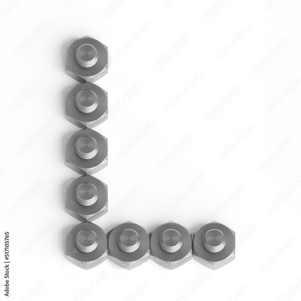 Capital letter L from iron bolts and nuts. Industrial or engineering font or symbol. 3d illustration. White background. Lettering design element. Initial cap Capital letter L from iron bolts and nuts. Industrial or engineering font or symbol. 3d illustration. White background. Lettering design element. Initial cap