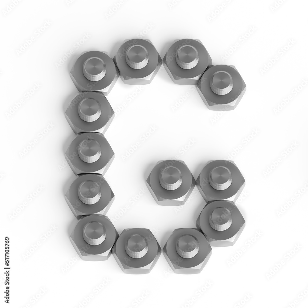Capital letter G from iron bolts and nuts. Industrial or engineering font or symbol. 3d illustration. White background. Lettering design element. Initial cap Capital letter G from iron bolts and nuts. Industrial or engineering font or symbol. 3d illustration. White background. Lettering design element. Initial cap