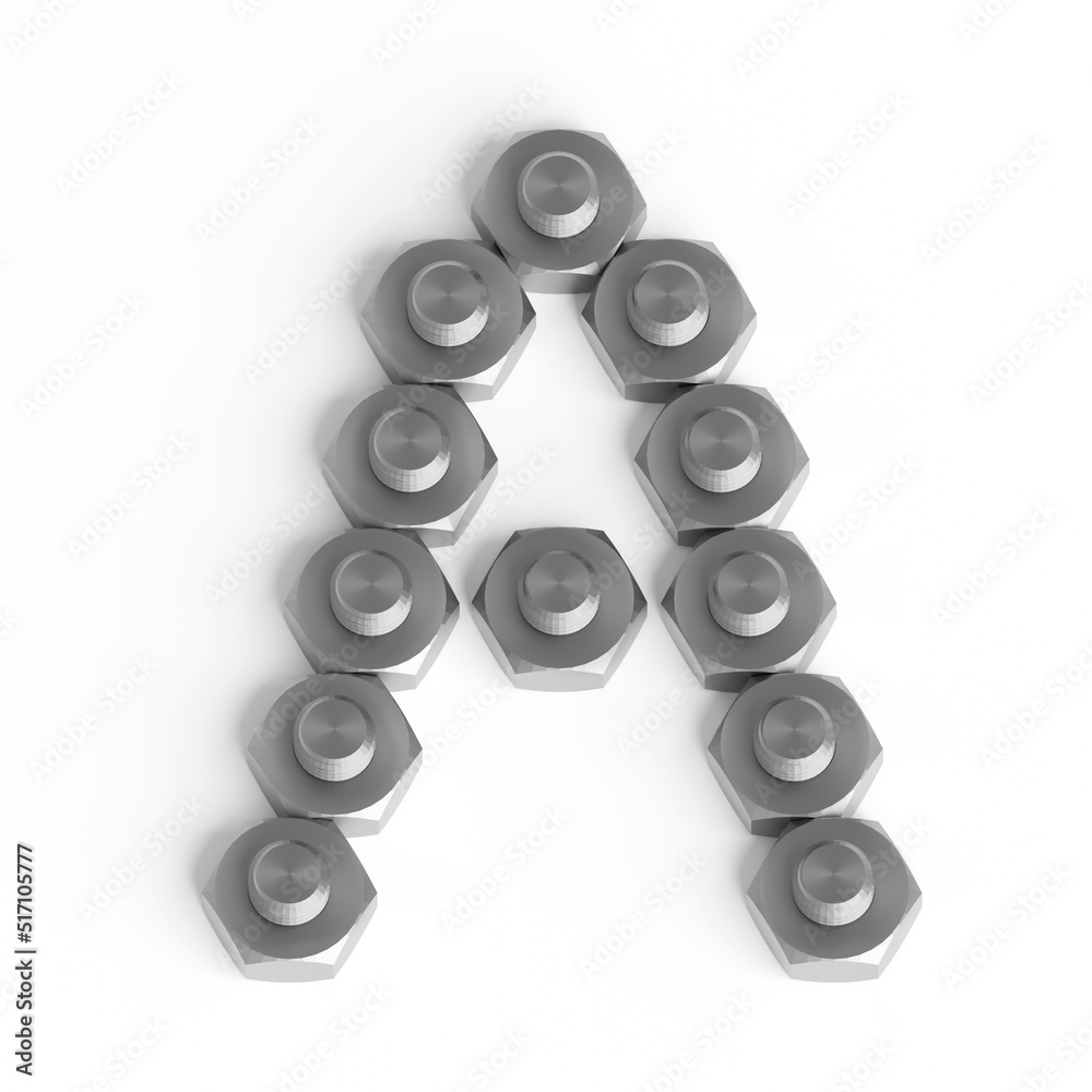 Capital letter A from iron bolts and nuts. Industrial or engineering font or symbol. 3d illustration. White background. Lettering design element. Initial cap Capital letter A from iron bolts and nuts. Industrial or engineering font or symbol. 3d illustration. White background. Lettering design element. Initial cap