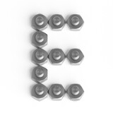 Capital letter E from iron bolts and nuts. Industrial or engineering font or symbol. 3d illustration. White background. Lettering design element. Initial cap