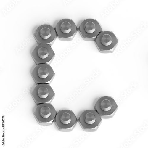 Capital letter C from iron bolts and nuts. Industrial or engineering font or symbol. 3d illustration. White background. Lettering design element. Initial cap