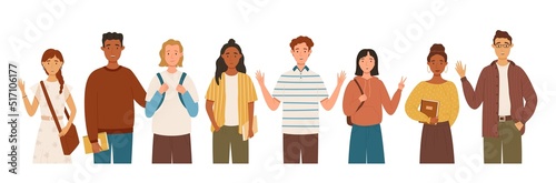 Group of multicultural students flat vector illustration. Young girls and boys holding books and backpacks. Isolated characters on white background. Happy teenager in casual clothes. Youth lifestyle