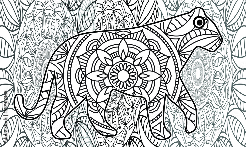 Fototapeta premium Coloring Pages. Coloring Book for adults. Colouring pictures with tiger. Antistress freehand sketch drawing with doodle and zentangle elements. Animal adults coloring pages for coloring book design 