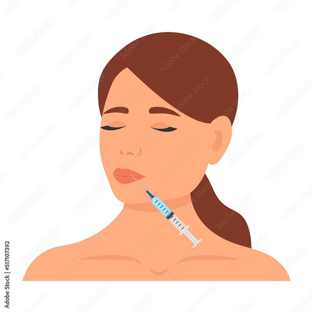 Woman makes procedure of beauty injection for lip augmentation. Lip fillers, hyaluronic acid.Face beauty and cosmetology concept Woman makes procedure of beauty injection for lip augmentation. Lip fillers, hyaluronic acid.Face beauty and cosmetology concept