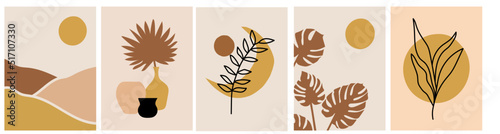 Collection of modern simple minimalist abstractions: plant silhouettes, monstera and palm leaves, moon, landscape (hills and sun), vases and pots on a colored background