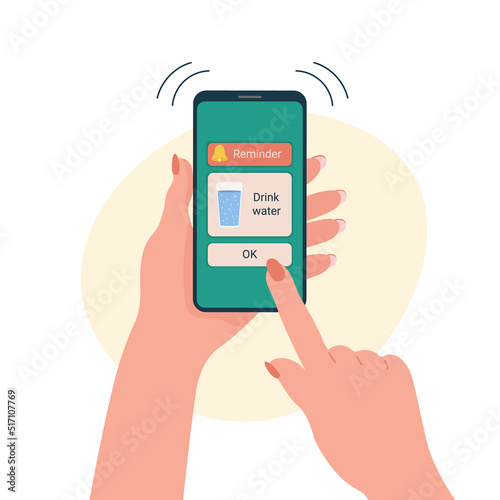 Mobile phone reminder. Time to drink glass of water. Water balance and healthy lifestyle concept. Ringing smartphone in hand of woman top view. Flat vector illustration