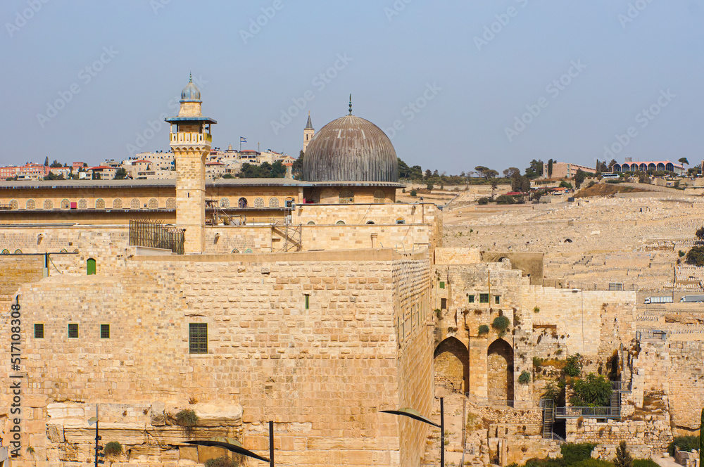 Side view of Al-Aqsa Mosque and Al-Fakhariyya Minaret. Temple Mount also knows as Haram Al-Sharif, sacred place for Muslims and Islamic people. Jerusalem, Israel.