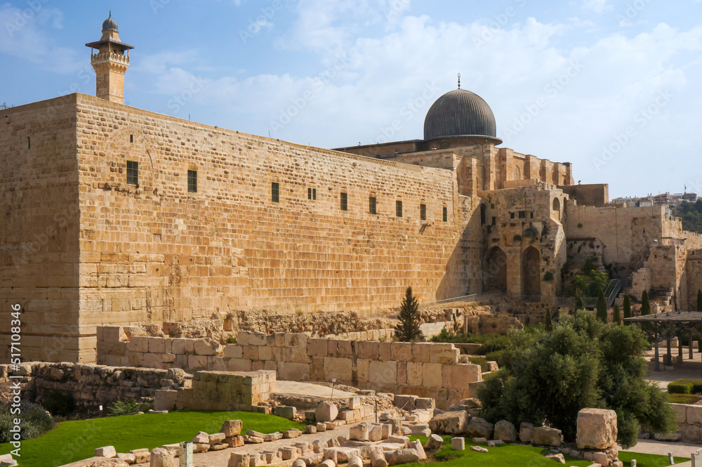 Morning view of the Al-Aqsa Mosque, Al-Fakhariyya Tower, Western Wall, archaeological park  in the Old City of Jerusalem, Israel.  Sacred place for Muslims and Islamic people.