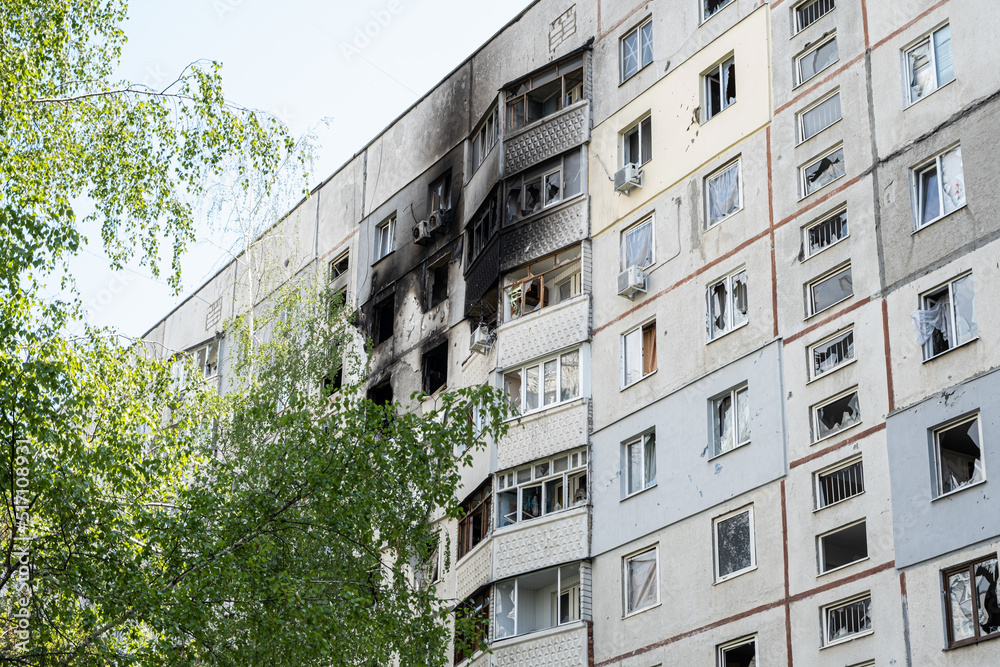 War in Ukraine 2022. Destroyed, bombed and burned residential building after Russian missiles in Kharkiv Ukraine. Russian aggression, conflict. Russian attack on Ukraine. 