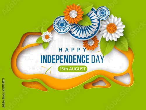 India Independence day holiday background. 3d paper cut layered art with shadow, flowers in traditional tricolor of indian flag. Greeting text. Vector illustration.