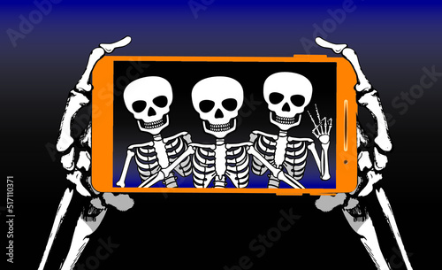 Three Skeletons made selfie with peace gesture on smartphone.Vector illustration.
