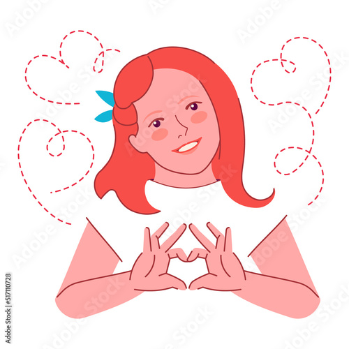 Vector Portrait of smiling lovely charming girl show gesture of love, affection, support, bonding, charity concept.Valentine day concept, feel glad candid isolated on white background