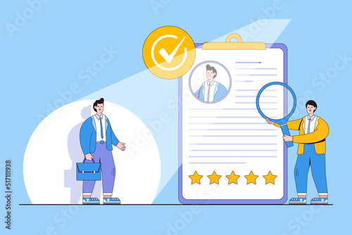 Examination of candidate resume by HR human resource manager, talent search, new staff, and vacancy job concepts. Professional candidate review under spotlight and experience research for employee