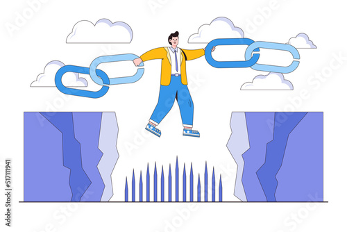 Supply chain issue, industrial business risk or vulnerability, and chain connection or management concepts illustrations. Businessman manager solving and holding metal chain together