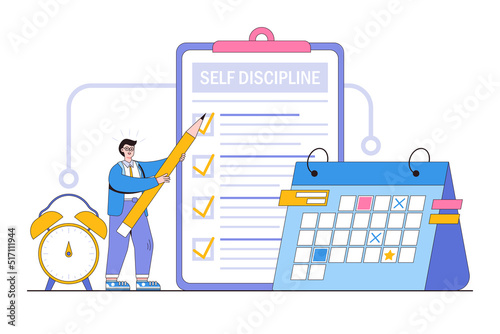 Self control to complete work or achieve business goals, time management to increase productivity concepts. Businessman writing self discipline list plan on clipboard with alarm clock and calendar