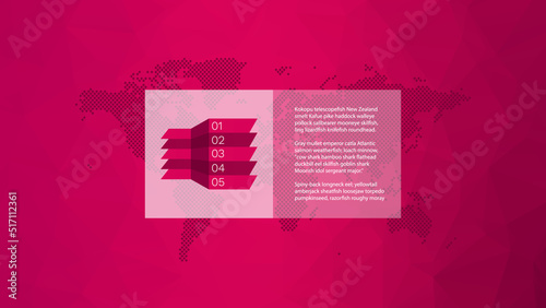 Vector infographic elements for business, presentation, web design, landing page, template, sample text. 5 steps with world map dotted background. Pink white illustration