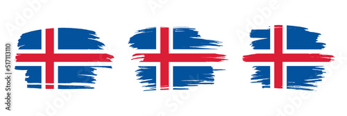 Set of 3 creative brush flag of Iceland with grungy stroke effect. Modern brush flags collection.