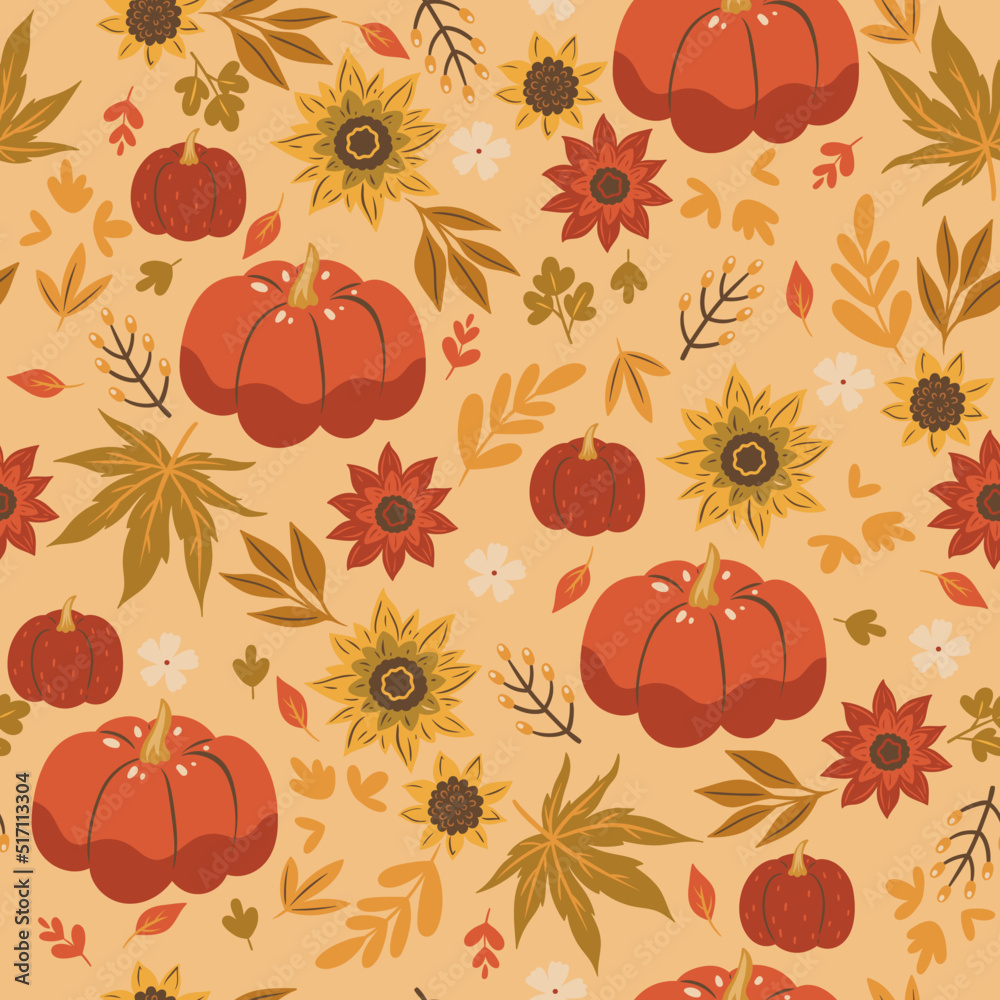Seamless pattern with autumn leaves, berries, pumpkins and flowers. Vector graphics.