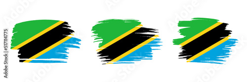 Set of 3 creative brush flag of Tanzania with grungy stroke effect. Modern brush flags collection.