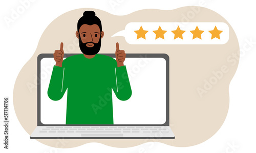 User reviews. Laptop with a man with thumbs up. Customer Review, Online Review, Star Rating, Feedback. Rating bubble.