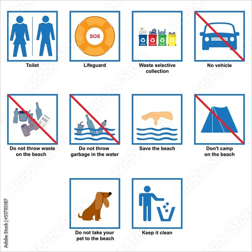 Several beach safety rules icons 