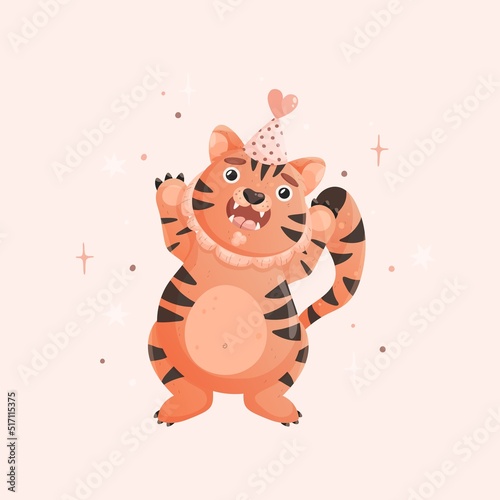 Birthday card with cute tiger. Smiling tiger or cat with party hat. Vector illustration with striped tiger or cat in cartoon style.
